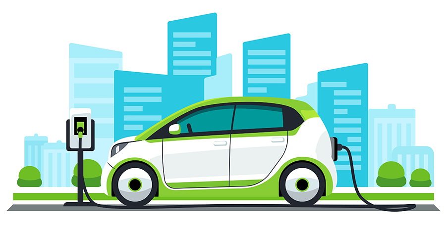 Electric car charging in front of a modern cityscape